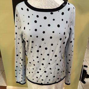 Emma James Petite Sweater Size Large, Black Polka Dots on Baby Blue.